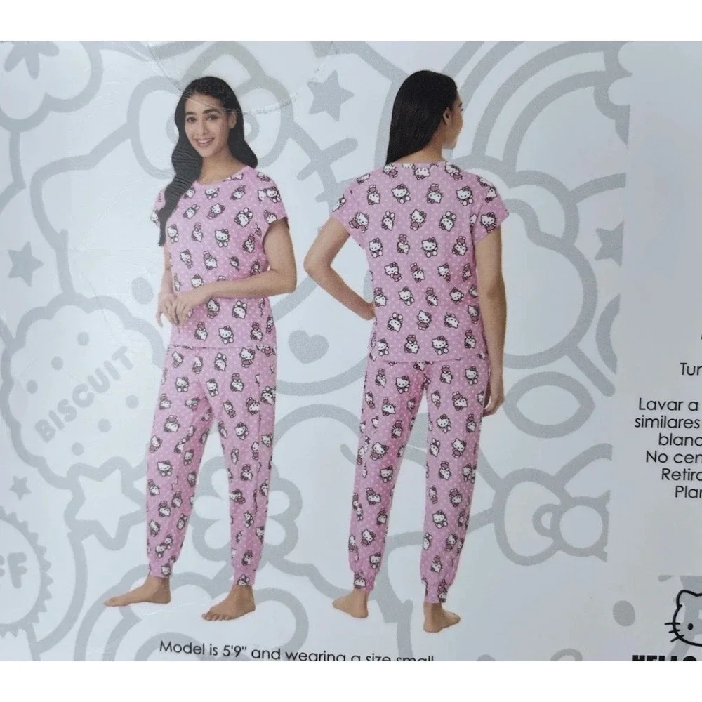 NWT Hello Kitty Pink Polka Dot Ribbed Short Sleeve and Jogger Pajama Set Large